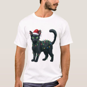 Camiseta gato preto usando um chapéu de Papai Noel para um