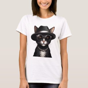 Camiseta gato preto vestindo óculos de sol e chapéu, gato e