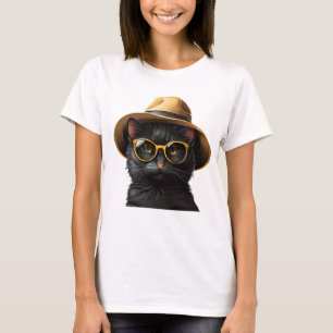 Camiseta gato preto vestindo óculos de sol e chapéu, gato e