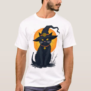 Camiseta Gato Preto Vintage Assustador com Chapéu de Bruxa