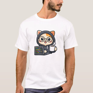 Camiseta Gato Programador Fofo com Café e Laptop