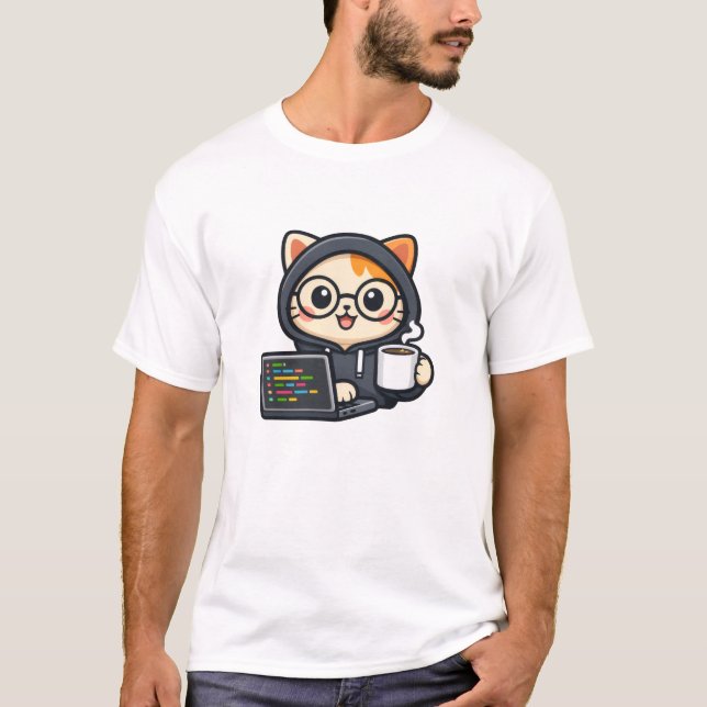 Camiseta Gato Programador Fofo com Café e Laptop (Frente)