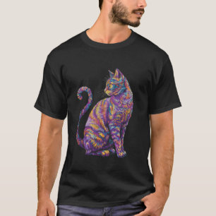 Camiseta Gato Psicodélico Cores Arco-Íris Cores Vibrantes A