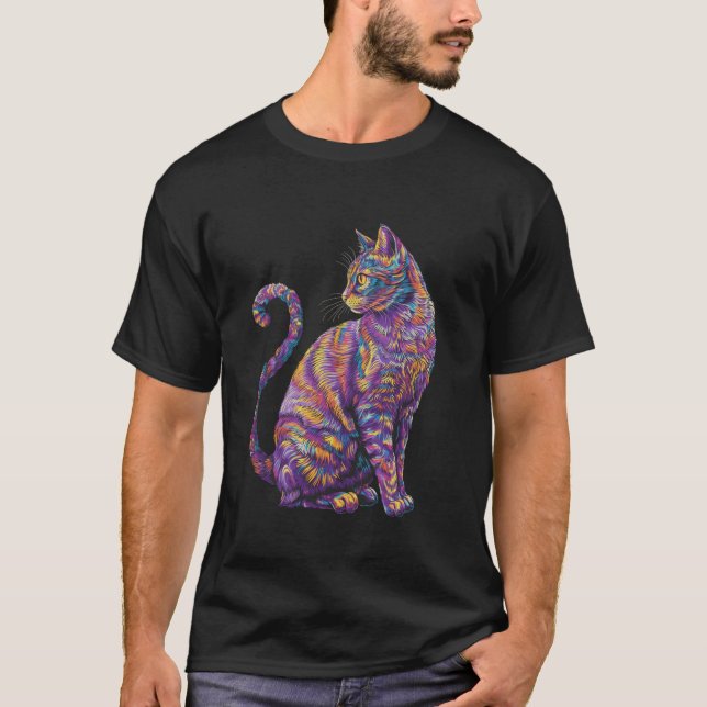 Camiseta Gato Psicodélico Cores Arco-Íris Cores Vibrantes A (Frente)