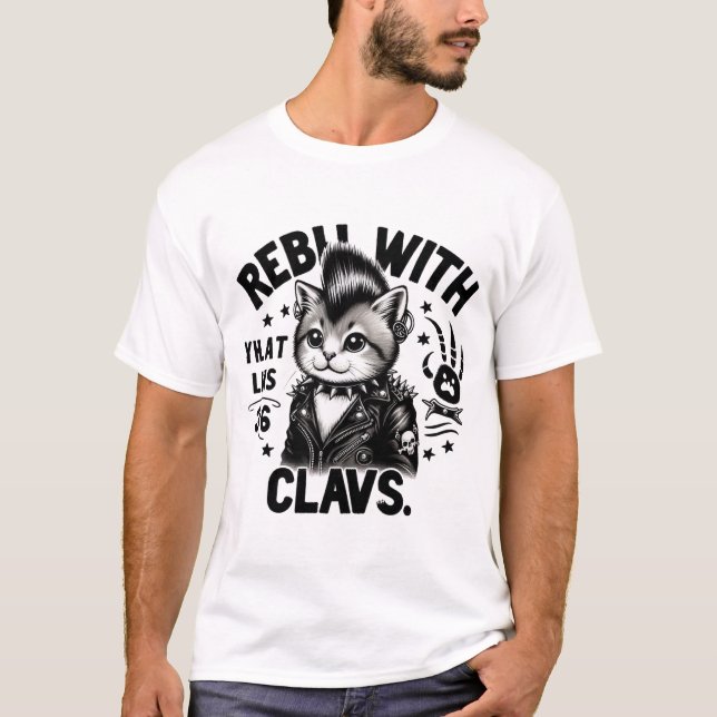 Camiseta Gato Punk com Garras Rebeldes Estilo Rock de Arest (Frente)