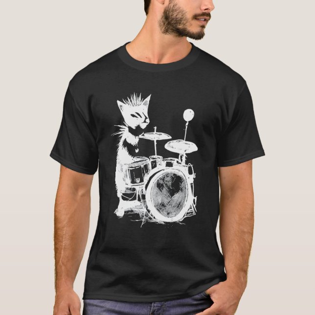 Camiseta Gato Punk Tocando Bateria 2 (Frente)