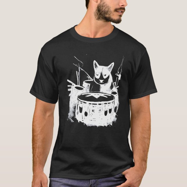 Camiseta Gato Punk Tocando Bateria  4 (Frente)