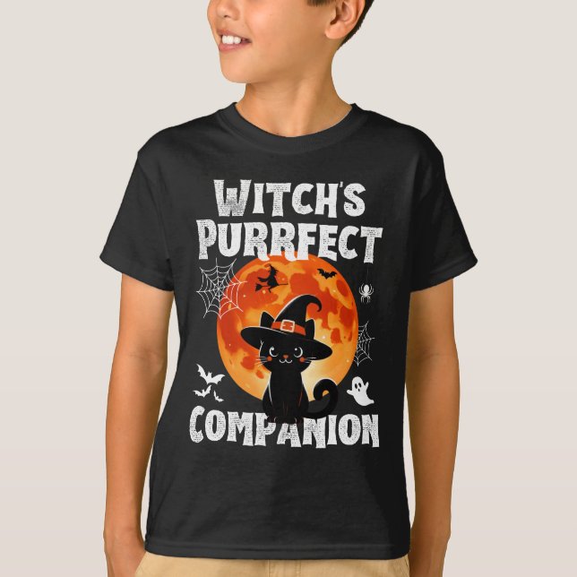 Camiseta Gato Puro Companheiro de Bruxas de Halloween (Frente)