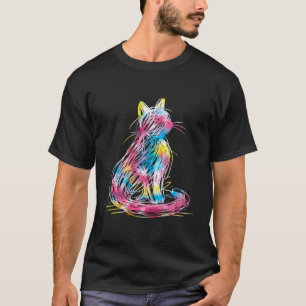 Camiseta Gato Rabisco Colorido Arte Minimalista Linha Japon