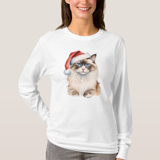 Camiseta Gato Ragdoll de Natal Aquarela (Frente)