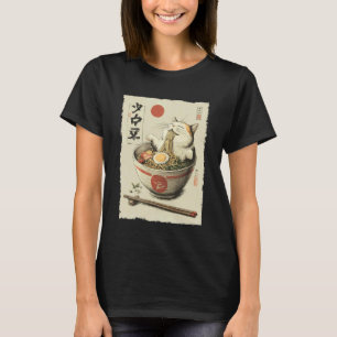 Camiseta Gato Ramen Estético Japonês Ukiyo-e Engraçado Rela