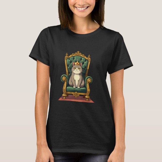 Camiseta Gato Real no Trono Design de Coroa Divertida (Frente)