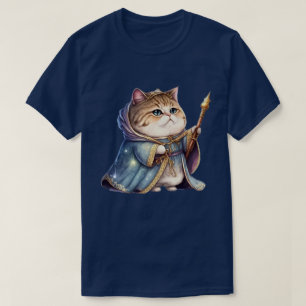 Camiseta gato rei bonito vestindo um casaco azul e uma coro