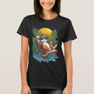 Camiseta Gato Relaxado em Cenário Tropical de Verão
