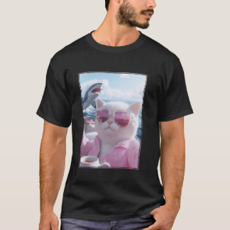 Camiseta Gato Relaxado Legal em um Iate com Tubarão Engraça