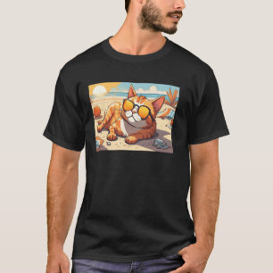 Camiseta Gato Relaxado na Praia com Óculos de Sol para Aman