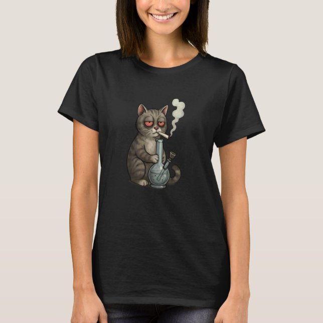Camiseta Gato Relaxando com Bong Estilo de Desenho Engraçad (Frente)