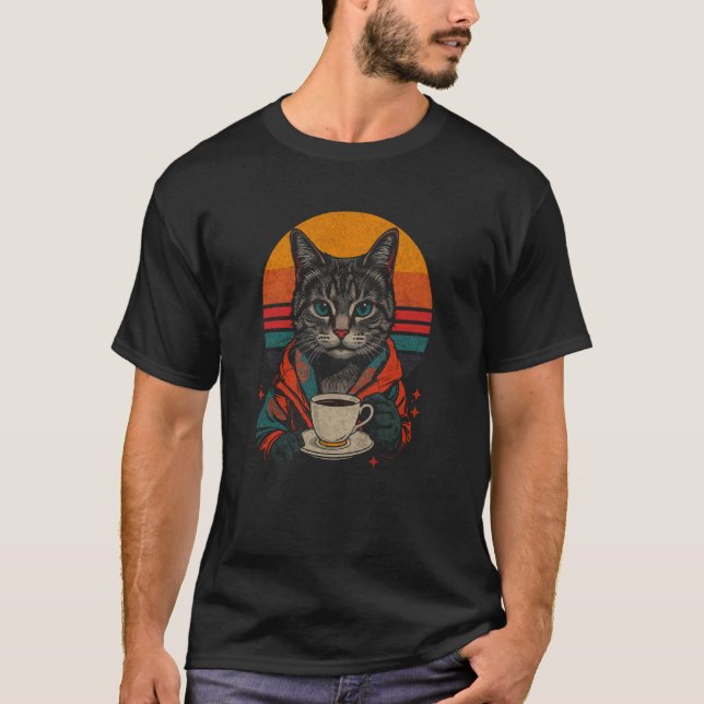 Camiseta Gato Retro Bebendo Café Synthwave Vaporwave Café (Frente)