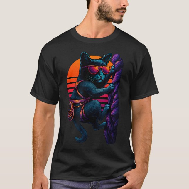 Camiseta Gato Retro Com Arnes De Escalada Escalada Em Rocha (Frente)