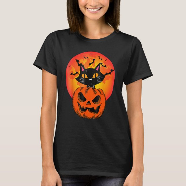 Camiseta Gato Retro de Halloween Morcegos e Lua Sangrenta F (Frente)