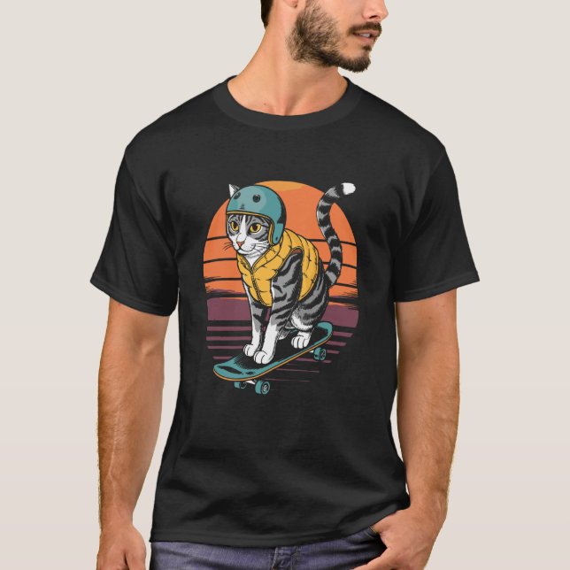 Camiseta Gato Retro Em Skate (Frente)