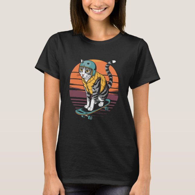 Camiseta Gato Retro Em Skate (Frente)