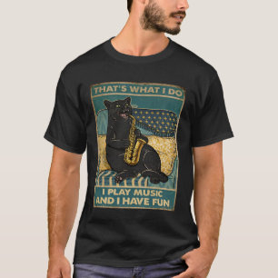 Camiseta Gato Retro Engraçado Tocando Saxofone Música Vinta