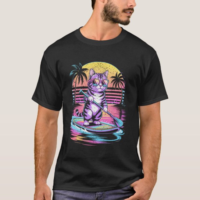Camiseta Gato Retro Paddleboarding Pôr do Sol 80s Synthwave (Frente)
