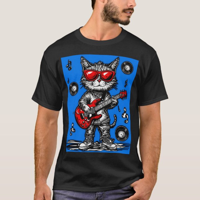 Camiseta Gato Retro Rock Tocando Guitarra com Óculos Vermel (Frente)