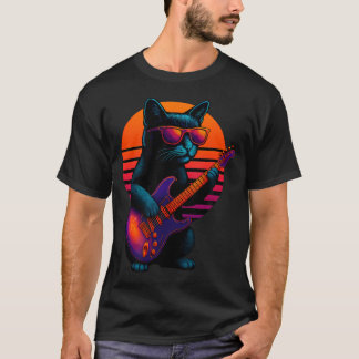 Camiseta Gato Retro Tocando Rock Com Guitarra Elétrica
