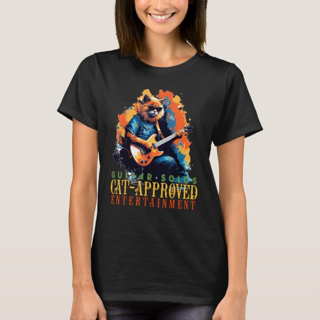 Camiseta Gato Rocker com Guitarra para Amantes de Riffs e J (Frente)
