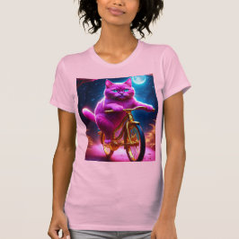 Camiseta Gato Rosa Andando Na Bicicleta Do Ouro