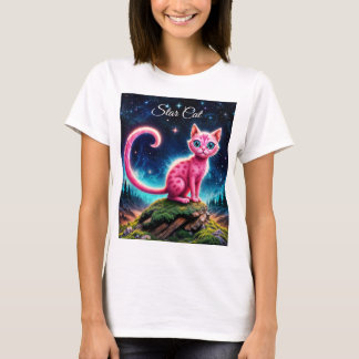 Camiseta Gato rosa fantástico na floresta mágica estelar no