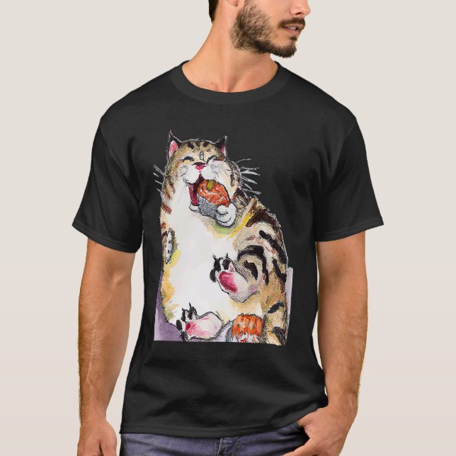 Camiseta Gato Rotundo Comendo Sushi (Frente)