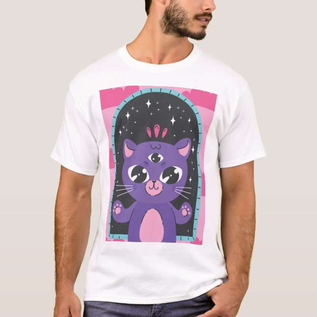 Camiseta Gato Roxo Místico. (Frente)