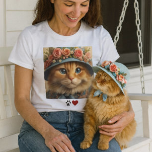 Camiseta Gato Ruivo com Chapéu Azul e Flores Amante de Gat
