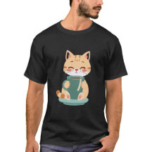 Gato Ruivo Fofo Abraçando Caneca de Café Azul Turq