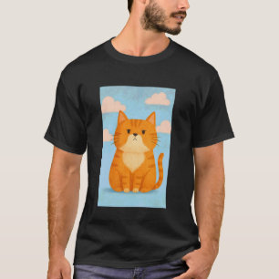Camiseta Gato Ruivo Fofo com Céu Azul e Nuvens Cor-de-Rosa