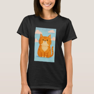 Camiseta Gato Ruivo Fofo com Céu Azul e Nuvens Rosadas
