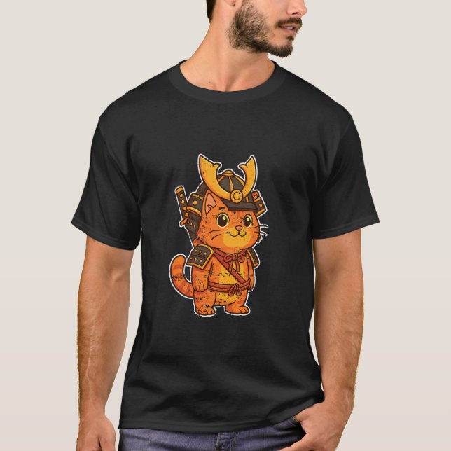 Camiseta Gato Samurai Armadura Laranja (Frente)