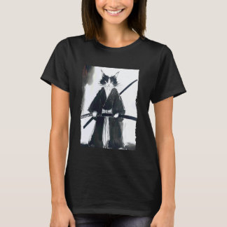 Camiseta Gato Samurai Arte de Tinta Japonesa Espadachim Div