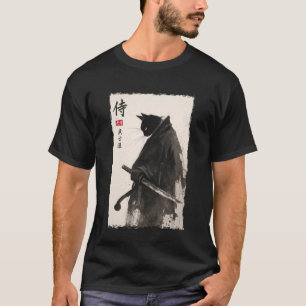 Camiseta Gato Samurai Arte de Tinta Katana Japonês Ilustraç