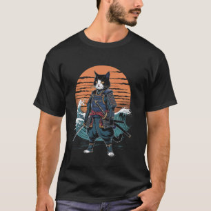 Camiseta Gato Samurai Arte Onda Japonesa Gráfico Retro