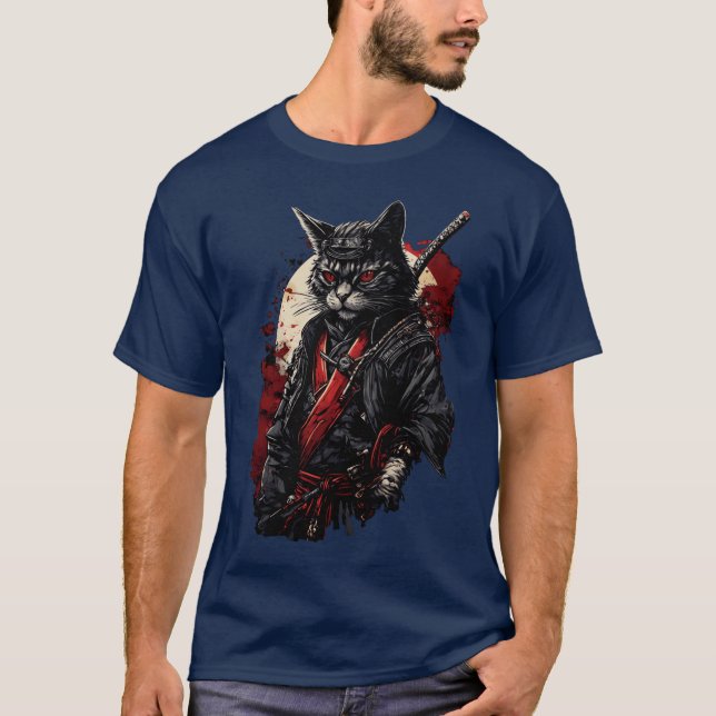 Camiseta Gato Samurai Demônio Sangrento De Quimono presente (Frente)