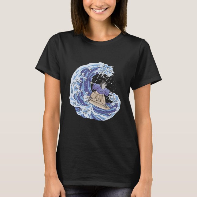 Camiseta Gato Samurai do Japão Surfando Prancheta de Surf V (Frente)