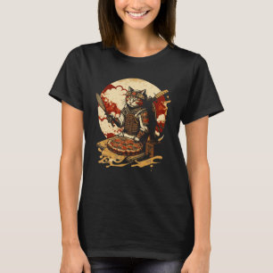 Camiseta Gato Samurai do Pôr do Sol Japonês Come Pizza Ninj