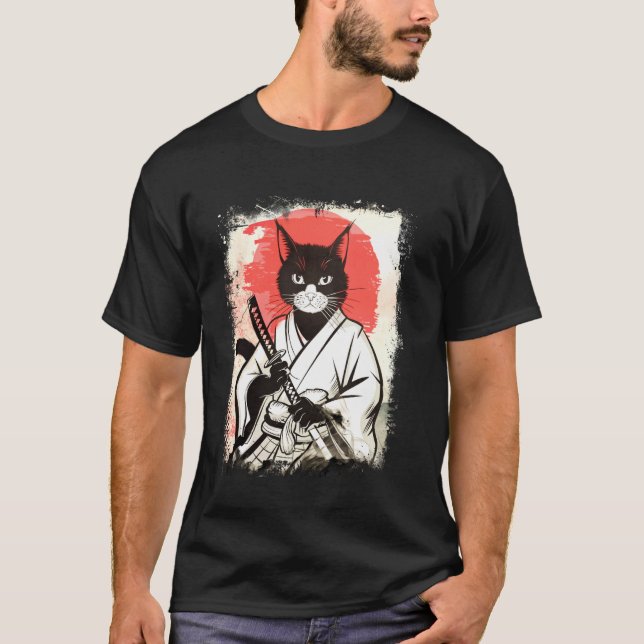 Camiseta Gato Samurai Estilo de Arte Japonês Ninja Samurai  (Frente)