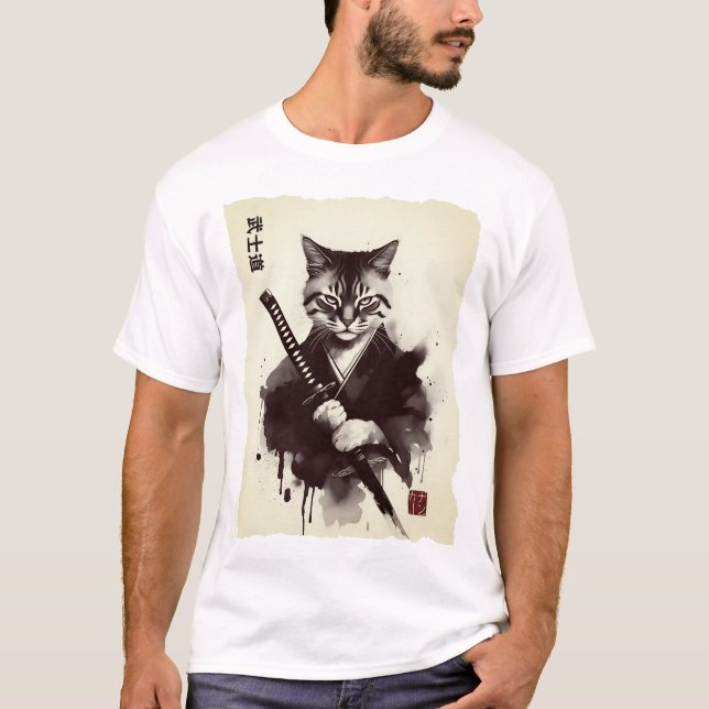 Camiseta Gato Samurai, Feroz Arte Japonês  (Frente)