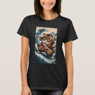 Camiseta Gato Samurai Fofo Grande Onda Arte Japonesa - V En
