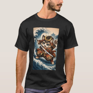 Camiseta Gato Samurai Fofo Grande Onda Arte Japonesa - V En